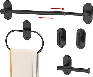 5-Piece Bathroom Hardware Set, Adhesive or Drill Wall Mount, Black