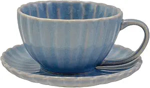 Creative Co-Op 10-Ounce Stoneware Ribbed Mug with Saucer in Reactive Glaze, Light Blue