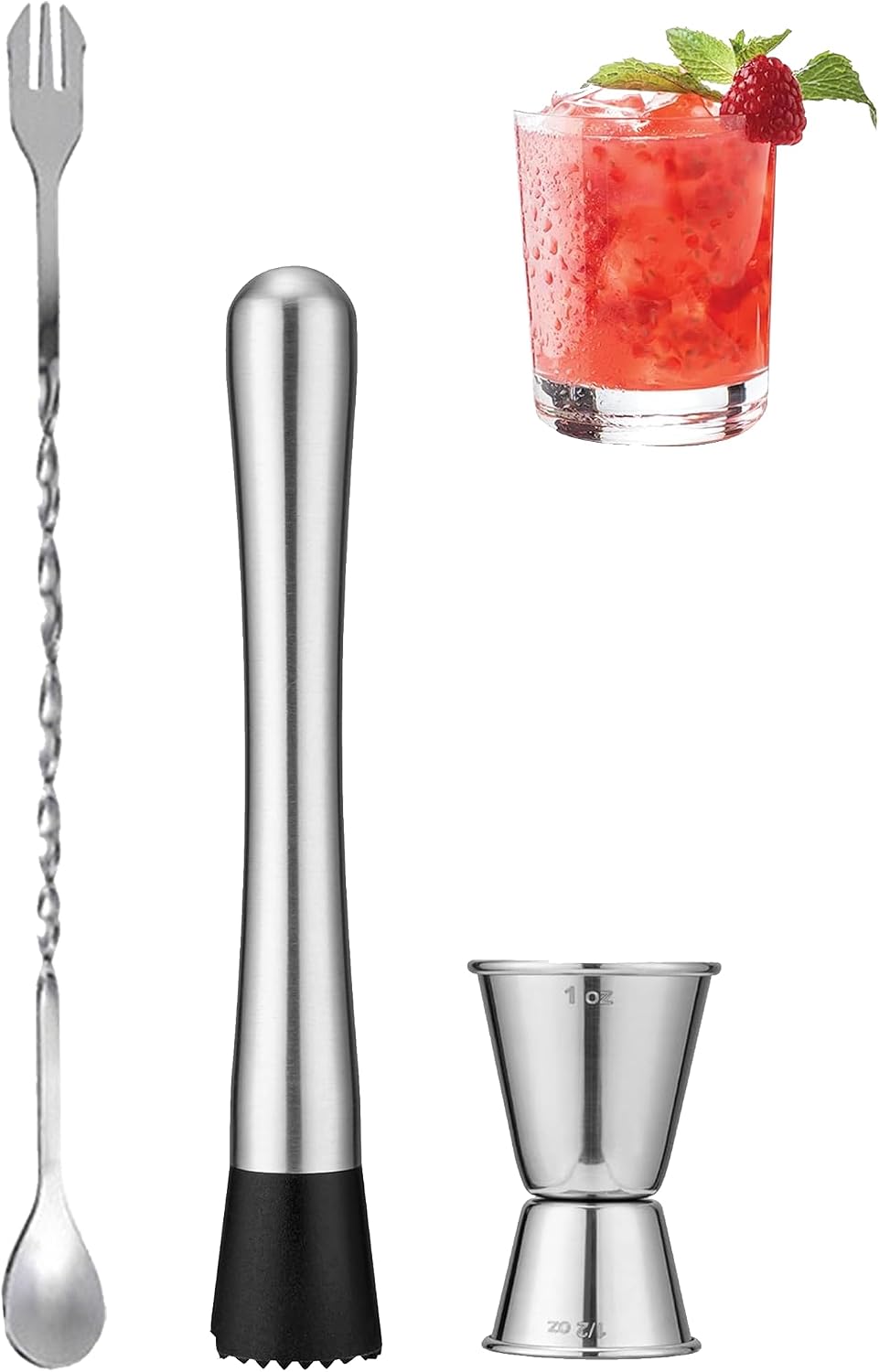 8''Stainless Steel Muddler, 10''Mixing Spoon & Jigger for Cocktails