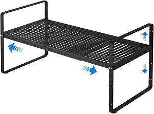 Expandable Cabinet Shelf Organizers, Kitchen Small Stand Rack Organization for Countertop Cupborad Pantry Desktop Spice Rack, Black 1 Pack