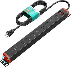 QBA 8 Outlet Metal Power Strip with USB-C 20W, Rack Mount USB Power with 360 Rotating Brackets, Wall Mount Power Strip for Home Office Garage Workshop