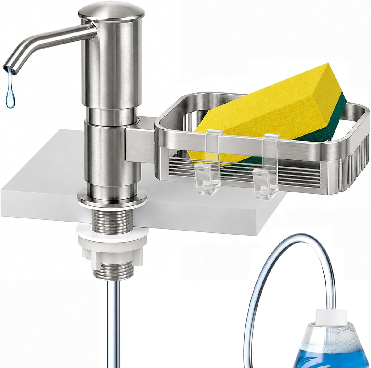 Soap Dispenser for Kitchen Sink, Built in Sink Soap Dispenser Pump with Sponge Holder, Brushed Nickel ABS Sink Dish Soap Dispensers Under Counter, with 39" Extension Tube Kit,No Refill Needed