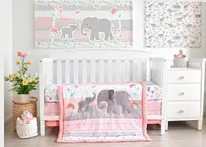 3 Piece Pink and Grey Elephant Crib Bedding Set