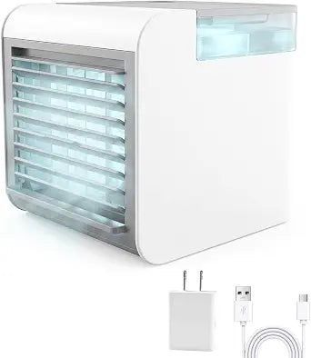 Portable Air Conditioner Fan, 4-in-1 Mini Air Cooler with 450ML Water Tank, 3 Speeds Portable Fan 7 Colors LED Ambient Light, Mini Evaporative Cooler Desktop Humidifier Fan for Bedroom Office Travel