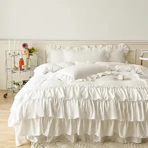 IHOUSTRIY Ruffle Duvet Cover Queen Size,100% Washed Microfiber 3pcs Bedding Duvet Cover Set, Shabby Chic Farmhouse Duvet Cover and Pillow Shams, Zipper Closure & Corner Ties, Easy Care, White - Queen