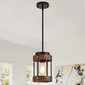 Rustic Farmhouse Wood Pendant Light Fixture One-Light Adjustable Rods Oak Wood and Metal Lantern Drum Small Pendant Lighting for Kitchen Island Sink Hallway Bathroom Bar Farmhouse, Black