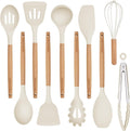 Silicone 10 Pcs Kitchen Cooking Utensils Set, Recycled Materials Certification, BPA Free Spatula Set with Heat Resistant Wood Handles for Nonstick Cookware, Cream White