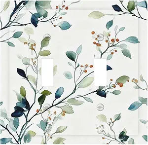 Decorative Light Switch Cover Plate Eucalyptus Leaf Geen Sage Leaves 2 Gang Outlet Covers Double Toggle Wall Plates for Electrical Outlets Switch Plate Covers Faceplate for Bedroom Home Decor