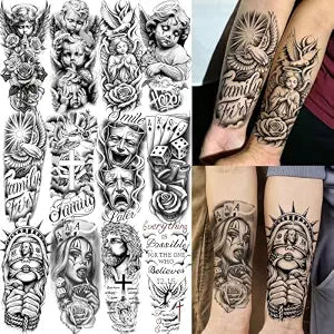 GOROMON 12 Sheets Chicano Jesus Angel Temporary Tattoos For Men Women Adults Forearm Cholo Chola Tattoo Sticker, Realistic Pigeon Dove Christian Faith Fake Tattoos Family Believes Temp Tatoos