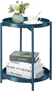 danpinera 2-Tier End Table, Outdoor Side Table Metal Round Side Table with Removable Tray, Small Accent Table, Anti-Rust Nightstand for Bedroom Balcony Patio Living Room (Navy Blue)