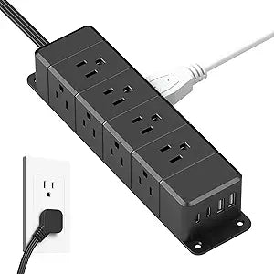 40W Under Desk Power Strip with Switch 12 Outlet 4 USB 1200J 6FT Black