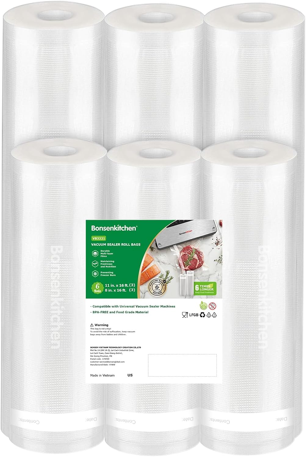 Bonsenkitchen Vacuum Sealer Rolls Bags, 3 Rolls 11"x 16' + 3 Rolls 8"x 16'