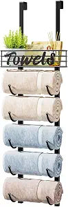 HapiRm Towel Racks for Bathroom Storage - 6 Tier Over The Door & Wall Mount Rolled Towel Storage Organizer Holder with Metal Shelf Basket for Small Bathroom, Camper, Rv - Black, Patented