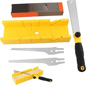 4-Piece Miter Box and Saw Set, Japanese Hand Saw for Precise Miter and Bevel Cuts, 12-Inch Mitre Box with 3 Mitre Saws for DIY, Crafting, Furniture Making(COLOR:Yellow)