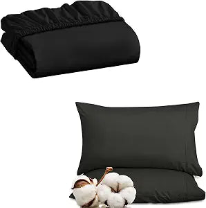 Royale Linens 100% Organic Cotton Fitted Sheet & 300 Pillowcase Set ��� 1 Deep Pocket Fitted Sheet up to 16" & 2 Pillowcases ��� Soft & Crisp (Queen, Black)