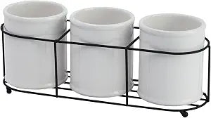 Creative Co-Op 3-Piece Ceramic Storage Crocks with Black Metal Holder, White