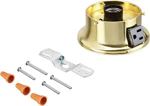 Aspen Creative 22103-06-1, Flush Mount Ceiling Fixture Shade Holder Kit with Outlet in Brushed Brass Finish 3-5/8" Fitter, 4-3/4" Diameter x 2" Height