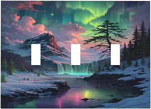 Snow Mountain Aurora Waterfalls Rivers Forest Decorative Switch Plates 3 Gang Wall Plate Triple Toggle Light Switch Cover Faceplate Electrical Wall Panels for Bedroom Living Room Decor