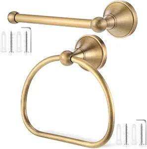 2 Pieces Antique Hand Towel Holder and Toilet Paper Holder Set, Brass Towel Ring, Tissue Roll Hanger, Retro Brass Hand Towels Ring, Wall Mount Bathroom Hardware