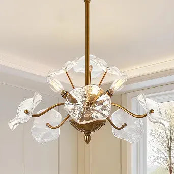 Modern Gold Chandelier, Vintage Brass Flower Glass Pendant Light Fixture
