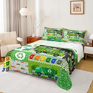 Kids Boys Garbage Truck Fitted Sheet Set Twin Size 3 Pcs,Cartoon Car Green Waste Vehicle Bed Sheet Set,Teens Youth Splicing Bedding Set with 1 Flat Sheet 1 Pillowcase