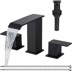 COMLLEN Matte Black Waterfall Bathroom Faucet 3 Hole, 8 Inch Widespread Modern 3 Piece Bathroom Sink Faucet, Touch on Lavatory Faucet for Vanity RV Restroom, Curved Spout