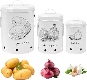Kitchen Potato and Onion Storage Bin,Metal Vegetable Storage Bins Set of 3 with Aerating Holes and Lids,Farmhouse Canisters Sets for the Kitchen Countertop (1, Circular)
