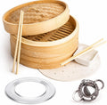 Bamboo Steamer Basket 10 Inch, 2 Tier Dumpling Cooker - Basket for Stove with Chopsticks, Sauce Dish, Reusable Liners, Dumpling Maker & Ring Adapter | Bao Bun & Vegetable Steam Basket
