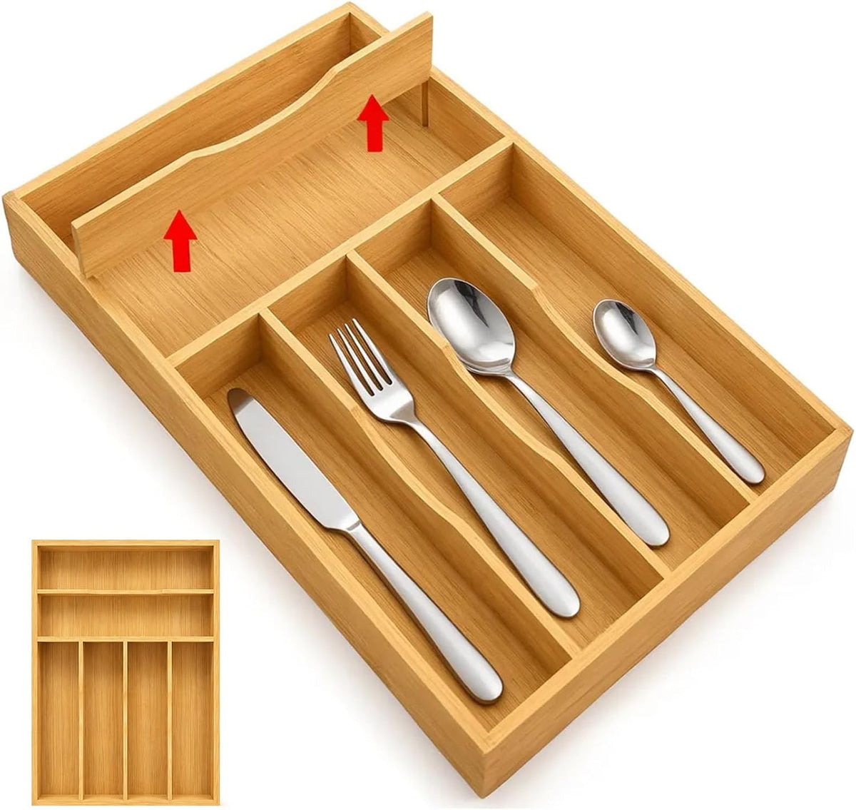 Bamboo Silverware Organizer, Kitchen Utensils Tray with Adjustable Divider