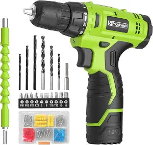 FADAKWALT Cordless Drill Set,12V Power Drill Set with Battery and Charger, Electric Driver/Drill Bits, 3/8'' Keyless Chuck,21+1 Torque Setting, 180 inch-lbs, with LED Electric Drill Set (Green)