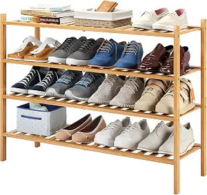 Long Shoe Rack, 4-Tier Bamboo Stackable Shoe Shelf Storage Organizer, Shoe Stand for Closet, Entryway and Hallway