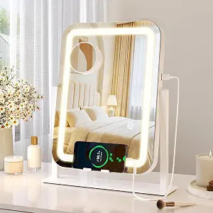 LED Vanity Mirror with Lights, USB Output Charging Port and Phone Holder, Tabletop Makeup Mirror with 120 LEDs, 3-Color Lighting & Stepless Dimming, 360 Rotatio,Bedroom Dorm Gift for Girls