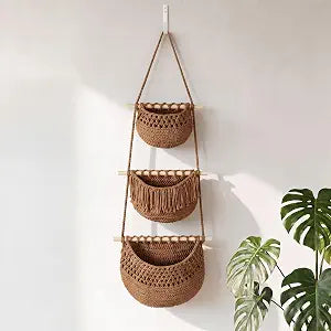 Boho Style Handwoven Rope Hanging Basket - 3-Tier Detachable Storage Organizer for Kitchen/Bathroom/Entryway, 3 Included Heavy-Duty Hooks, 7 Color Options Available (Brown)