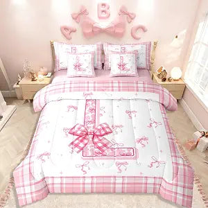 Girls Cute Bow Comforter Set 7 Piece Bed In A Bag Twin,Monogram Initial L Bedding Sets for Teens Girls Women Princess Bow Knot Cute Comforter and Sheets Dreamy Aesthetic Letters Room Decor Bed Set