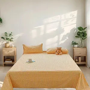 Yellow Gingham Sheets Twin Size 3-Piece Set with 1 Flat Sheet & 2 Pillowcases, 100% Washed Cotton Sheet Cozy Bedding