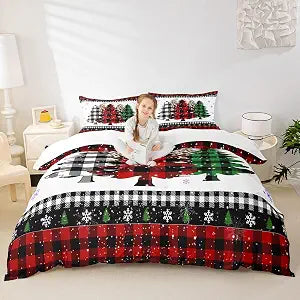 Christmas Snowflake Kids Duvet Cover Set Twin Size,Plaids Leopard Pine Tree Bedding Set,Girls Boys Adults Room/Xmas Cabin Decor,Holiday Rustic Comforter Cover,Red Black Quilt Cover,2pcs,1 pillowcase