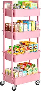 Pipishell 4 Tier Rolling Cart with Handle & Wheels for Storage, Pink