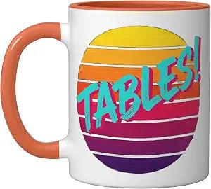 Tables! Funny Retro Sunset Gamer Dining Room Statement Ceramic Mug, Orange/White