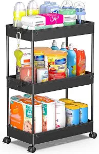 SPACEKEEPER 3 Tier Rolling Cart, Bathroom Cart Organizer with Wheels, Black