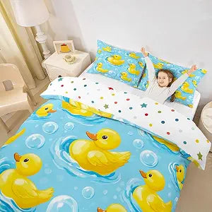 Manfei Cartoon Duck Girls Bedding Set Twin Size, Lovely Farmhouse Animal Duvet Cover Set���Kawaii Bubble Cute Quilt Cover(No Comforter),Blue Yellow Room Decor,1 Pillowcase