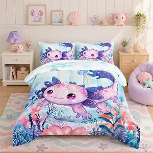 Cute Axolotl Comforter Set Twin Size with 2 Pillowcases.
