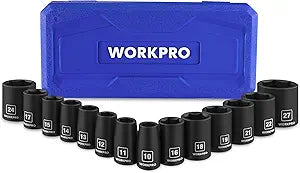 WORKPRO 1/2 Drive Shallow Impact Socket Set, Metric Cr-V Steel 6-Point Socket Set with Storage Case for Automotive Maintenance and Repairs (14PCS 10-27mm)