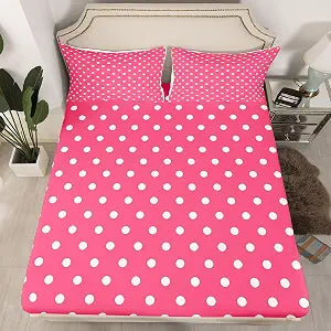 jejeloiu Pink White Polka Dot Fitted Sheet Queen Size 16" Deep Pocket