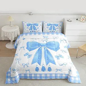 jejeloiu Kawaii Bow Comforter Set Full Size Cute Bowknot Bedding Set for Kids Boys Girls Blue Bow-tie Duvet Quilt Bedroom Decor 3 Pcs with 2 Pillow Cases