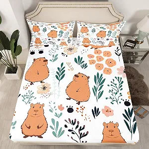 Capybara Bedding Set - Full Size, Cute Capybara & Flowers Fitted Sheet, Animal Bed Cover with 2 Pillow Cases