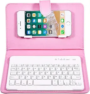 Portable Bluetooth Keyboard with Leather Case Cover with for 4.5''-6.8'' iOS, Android and Windows Smart Phones, Detachable with Kickstand