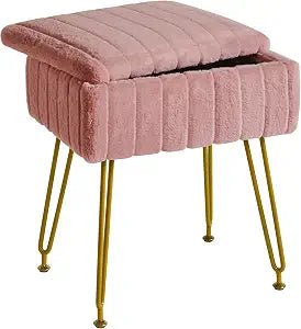 IBUYKE Vanity Stool Chair with Storage, Faux Fur Ottoman, Pink LG-50P