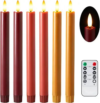 Fall Flameless Taper Candles with Remote and Timer, 10" 6pk LED Candlesticks, Battery Operated Thanksgiving Candles with 3D Flickering Flame, Bordeaux, Terra Cotta & Caramel (Autumn Harvest)