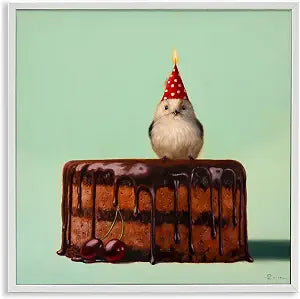 Party Hat Bird Chocolate Cake, 17 x 17 Inch Framed Gicle Print