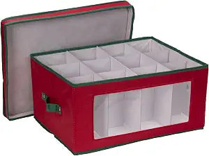 Household Essentials Holiday Wine Glass Storage Box in Strong Frame, Handles, Windowed Panel and 12 Compartments, Red with Green Trim